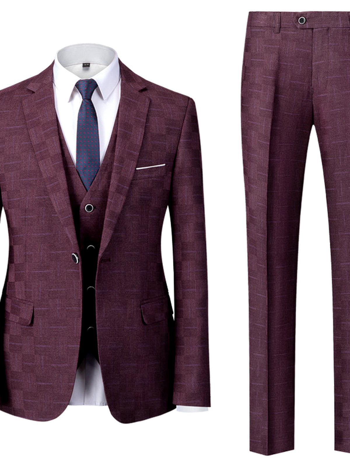 Men's Lightweight Business Blazer and Pants Set Casual Suit Outfit in Burgundy - product view