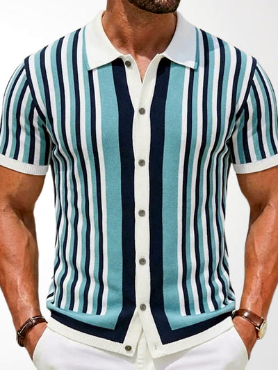 Men's Striped Jacquard Knit Short Sleeve Polo Shirt Business Casual Summer Top in Blue - product view
