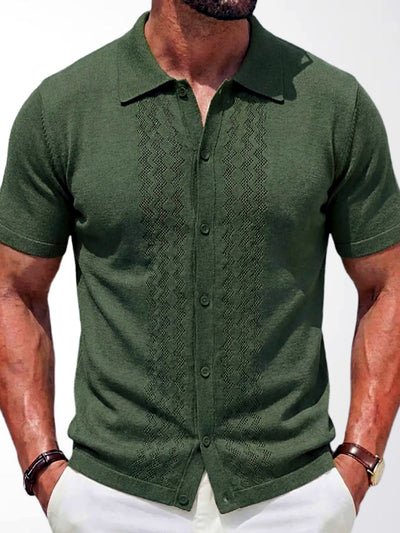 Men's Jacquard Knit Short Sleeve Polo Shirt Business Casual Summer Top in Green - product view