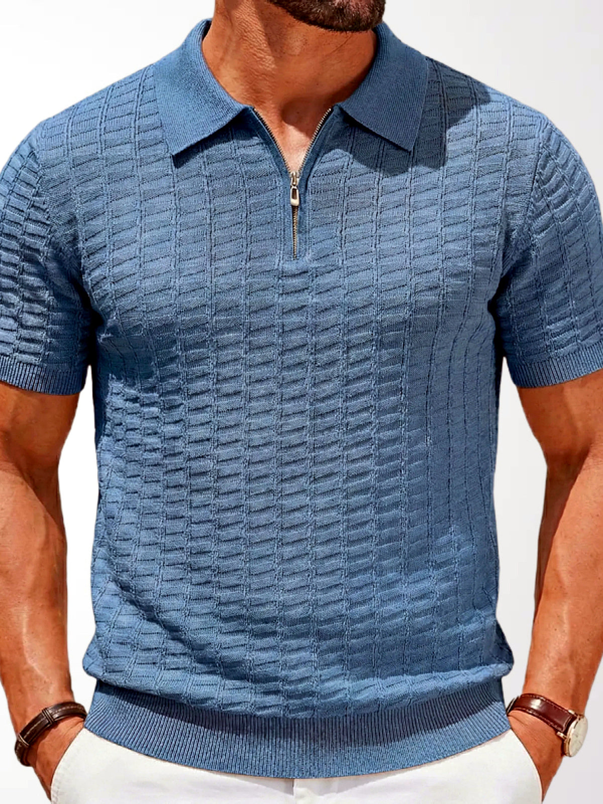 Men's Jacquard Knit Short Sleeve Polo Shirt Business Casual Summer Top in Blue - product view