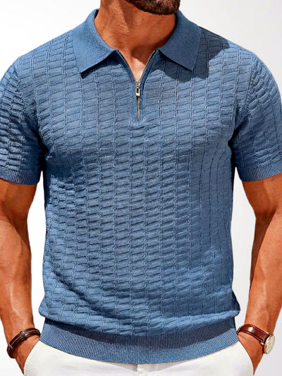 Men's Jacquard Knit Short Sleeve Polo Shirt Business Casual Summer Top in Blue - product view
