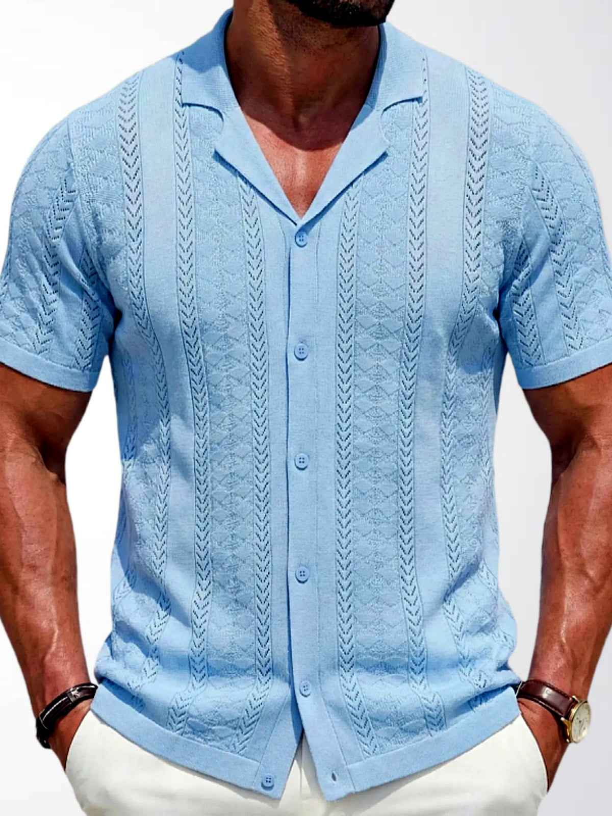 Men's Jacquard Knit Short Sleeve Polo Shirt Business Casual Summer Top in Blue - product view