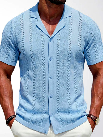 Men's Jacquard Knit Short Sleeve Polo Shirt Business Casual Summer Top in Blue - product view