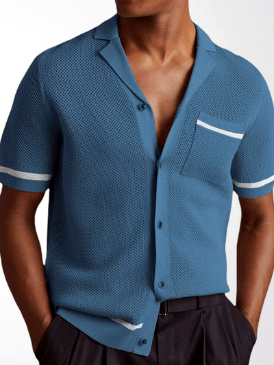 Men's Jacquard Knit Short Sleeve Polo Shirt Business Casual Summer Top in Blue - product view