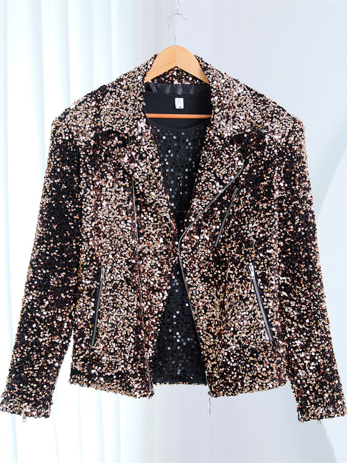 Men's Stand Collar Sequin Slim Fit Long Sleeve Performance Jacket for Stage Shows and Events in Coffee Brown - product view