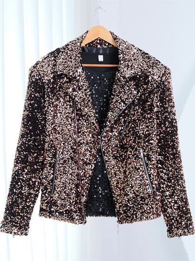 Men's Stand Collar Sequin Slim Fit Long Sleeve Performance Jacket for Stage Shows and Events in Coffee Brown - product view