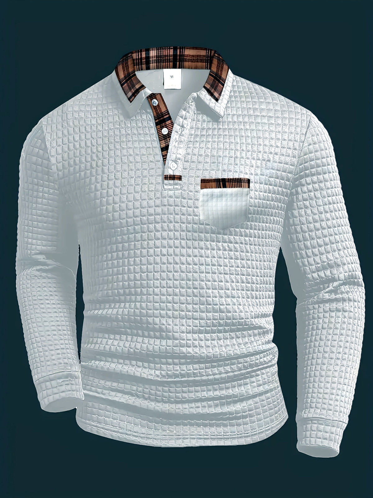 Men's Plaid Patchwork Pocket Long Sleeve Polo Shirt in White - product view