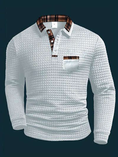 Men's Plaid Patchwork Pocket Long Sleeve Polo Shirt in White - product view