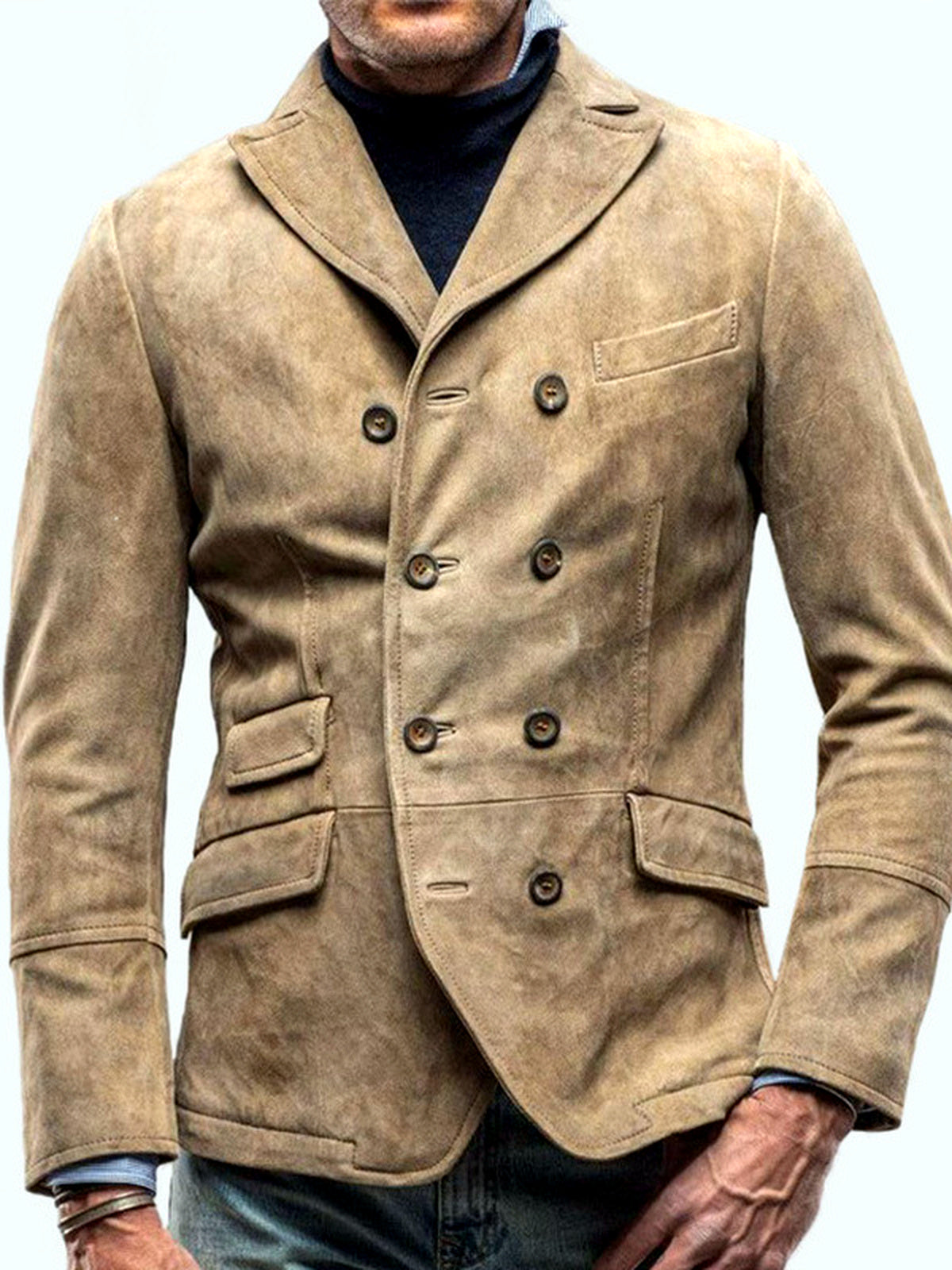 Men's Lapel Collar Long Sleeve Shirt Casual Winter in Khaki - product view