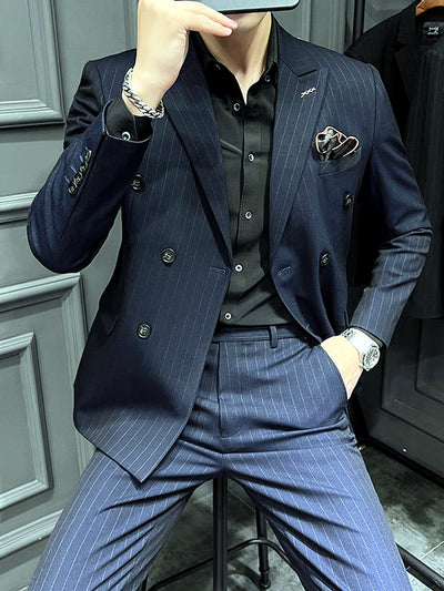 Men's Lightweight Business Blazer and Pants Set Casual Suit Outfit in Blue - product view