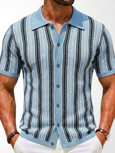 Men's Striped Jacquard Knit Short Sleeve Polo Shirt Business Casual Summer Top in Blue - product view