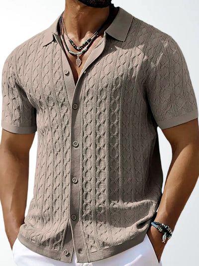 Men's Jacquard Knit Short Sleeve Polo Shirt Business Casual Summer Top in Khaki - product view