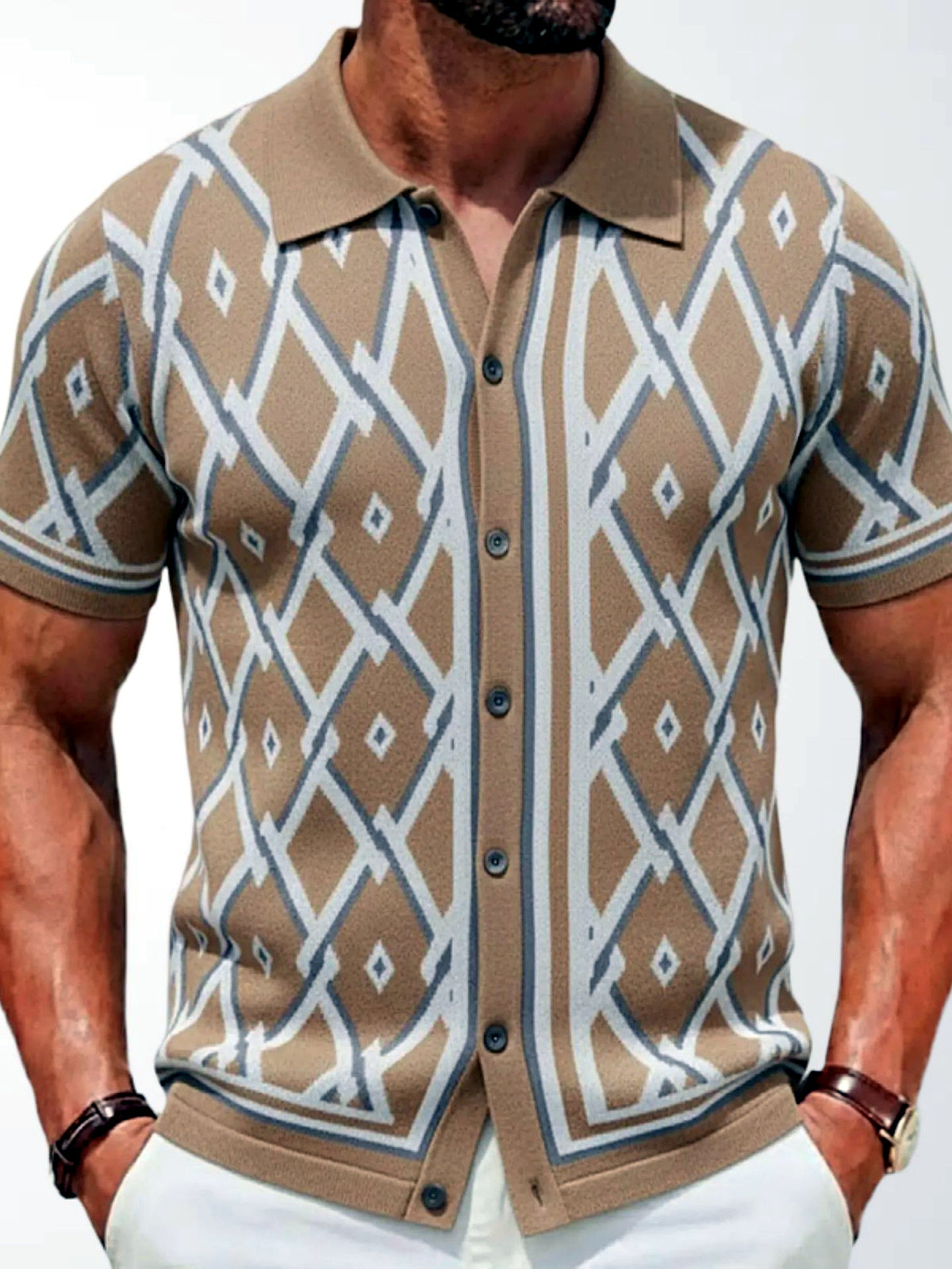 Men's Jacquard Knit Short Sleeve Polo Shirt Business Casual Summer Top in Khaki - product view
