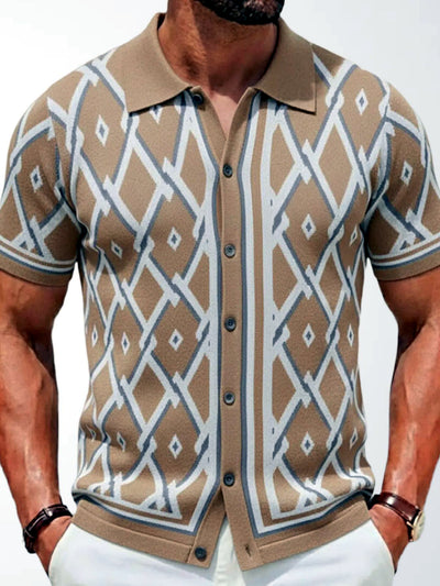Men's Jacquard Knit Short Sleeve Polo Shirt Business Casual Summer Top in Khaki - product view