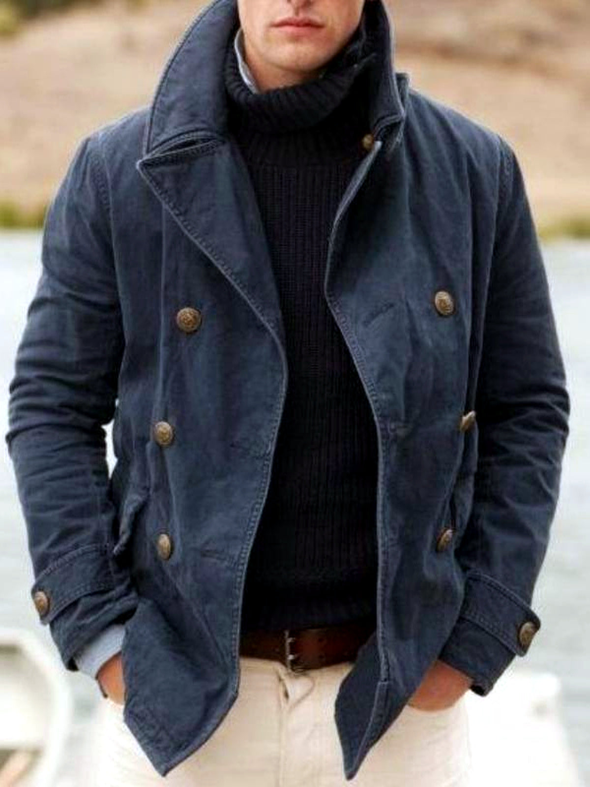 Men's Lapel Collar Solid Color Woven Long Sleeve Jacket Casual Winter in Blue - product view