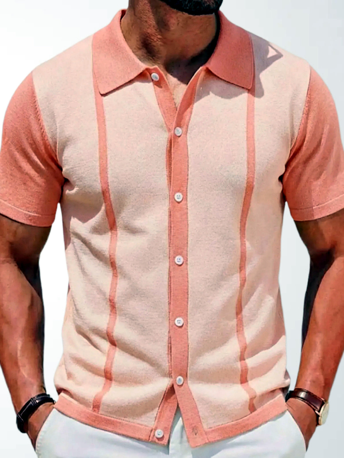 Men's Striped Jacquard Knit Short Sleeve Polo Shirt Business Casual Summer Top in Pink - product view