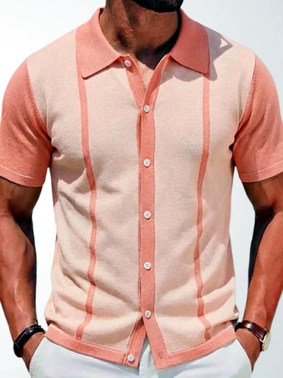 Men's Striped Jacquard Knit Short Sleeve Polo Shirt Business Casual Summer Top in Pink - product view