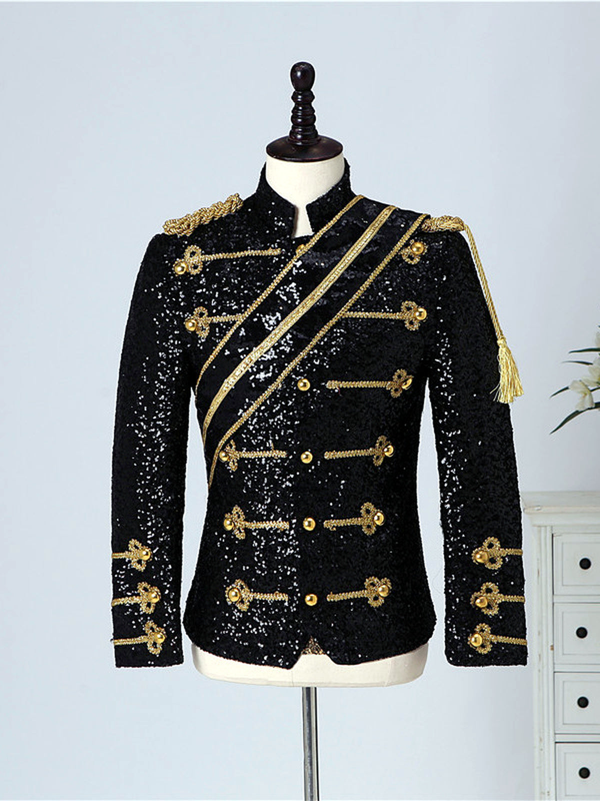 Men's Stand Collar Sequin Military-Inspired Slim Fit Long Sleeve Performance Jacket for Stage Shows and Events in Black
