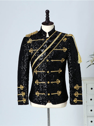 Men's Stand Collar Sequin Military-Inspired Slim Fit Long Sleeve Performance Jacket for Stage Shows and Events in Black