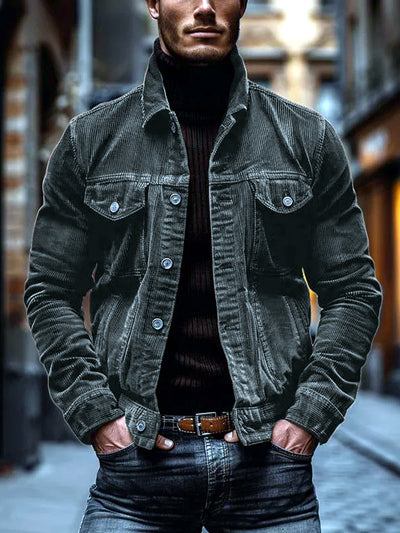 Men's Corduroy Lapel Collar Striped Long Sleeve Shirt Casual in LT-DXRJK-Dark Gray - product view