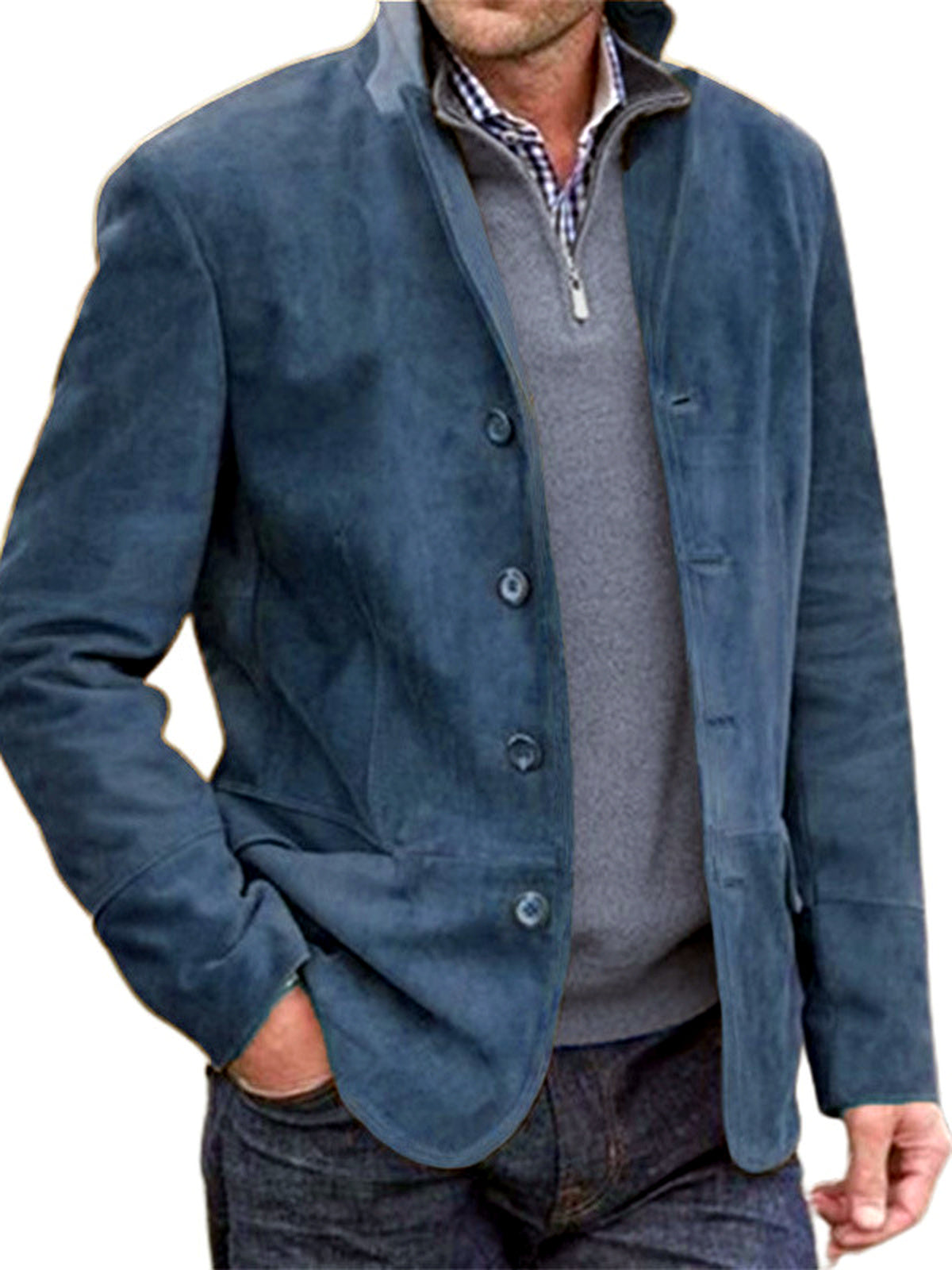 Men's Lapel Collar Woven Long Sleeve Shirt Casual Winter in Blue - product view