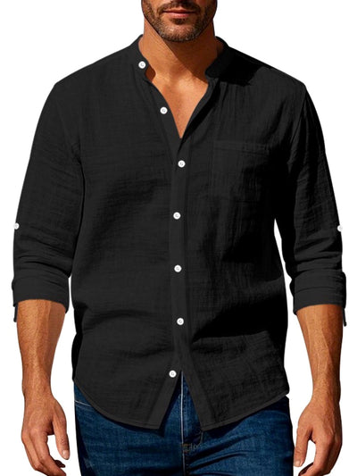 Men's Linen Blend Short Sleeve Shirt Lightweight Casual Summer Button Shirt in Black - product view