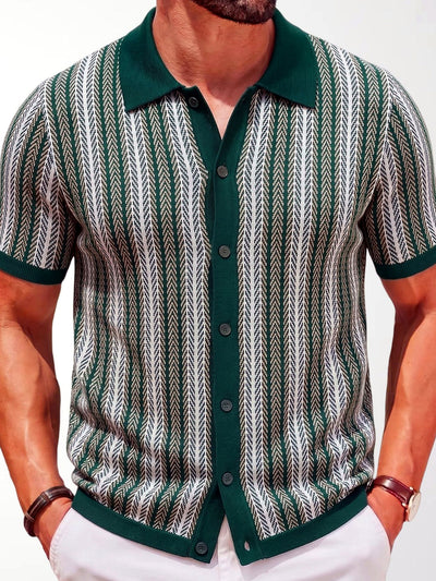 Men's Striped Jacquard Knit Short Sleeve Polo Shirt Business Casual Summer Top in Green - product view
