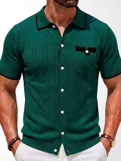 Men's Jacquard Knit Short Sleeve Polo Shirt Business Casual Summer Top in Green - product view