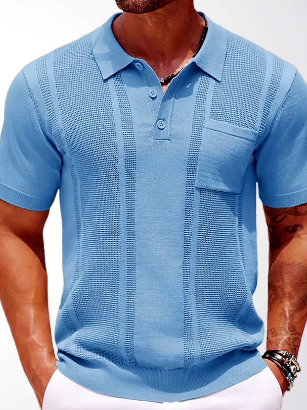 Men's Jacquard Knit Short Sleeve Polo Shirt Business Casual Summer Top in Blue - product view