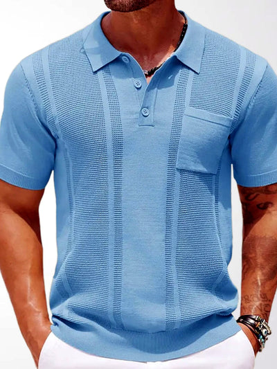 Men's Jacquard Knit Short Sleeve Polo Shirt Business Casual Summer Top in Blue - product view