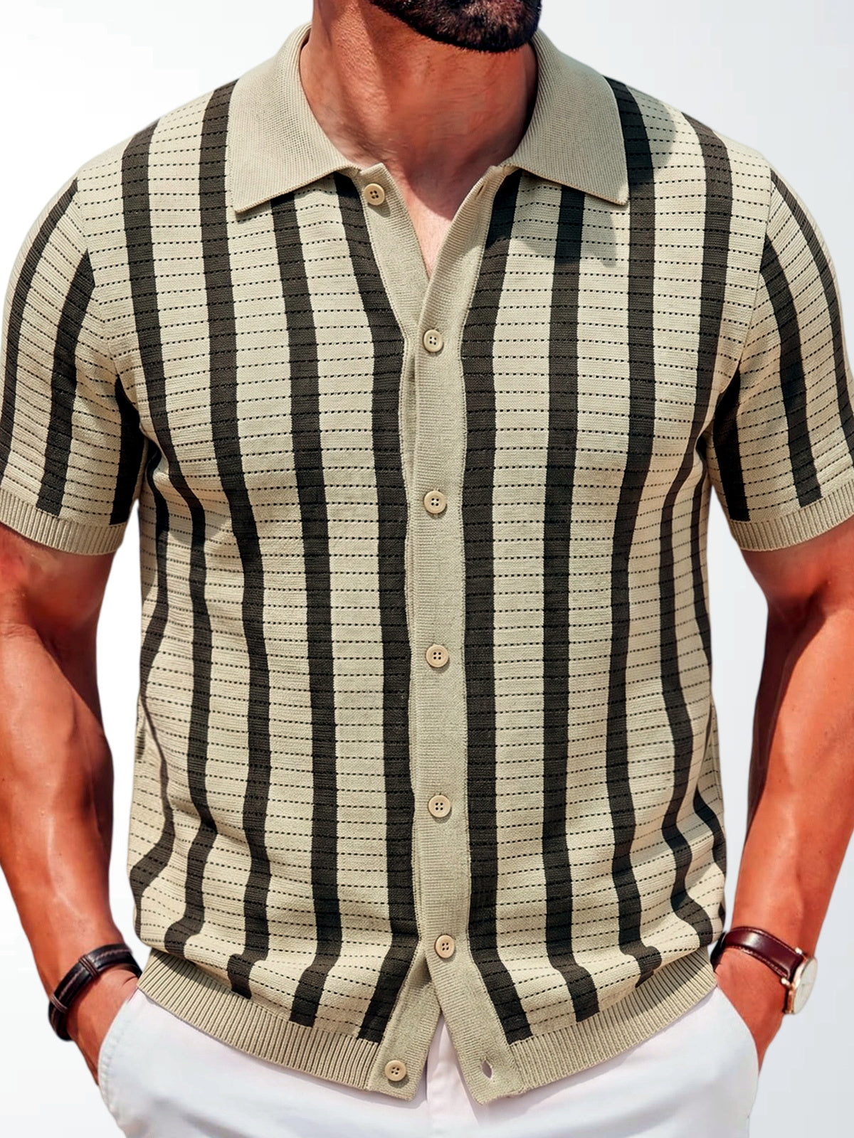 Men's Striped Jacquard Knit Short Sleeve Polo Shirt Business Casual Summer Top in Khaki - product view