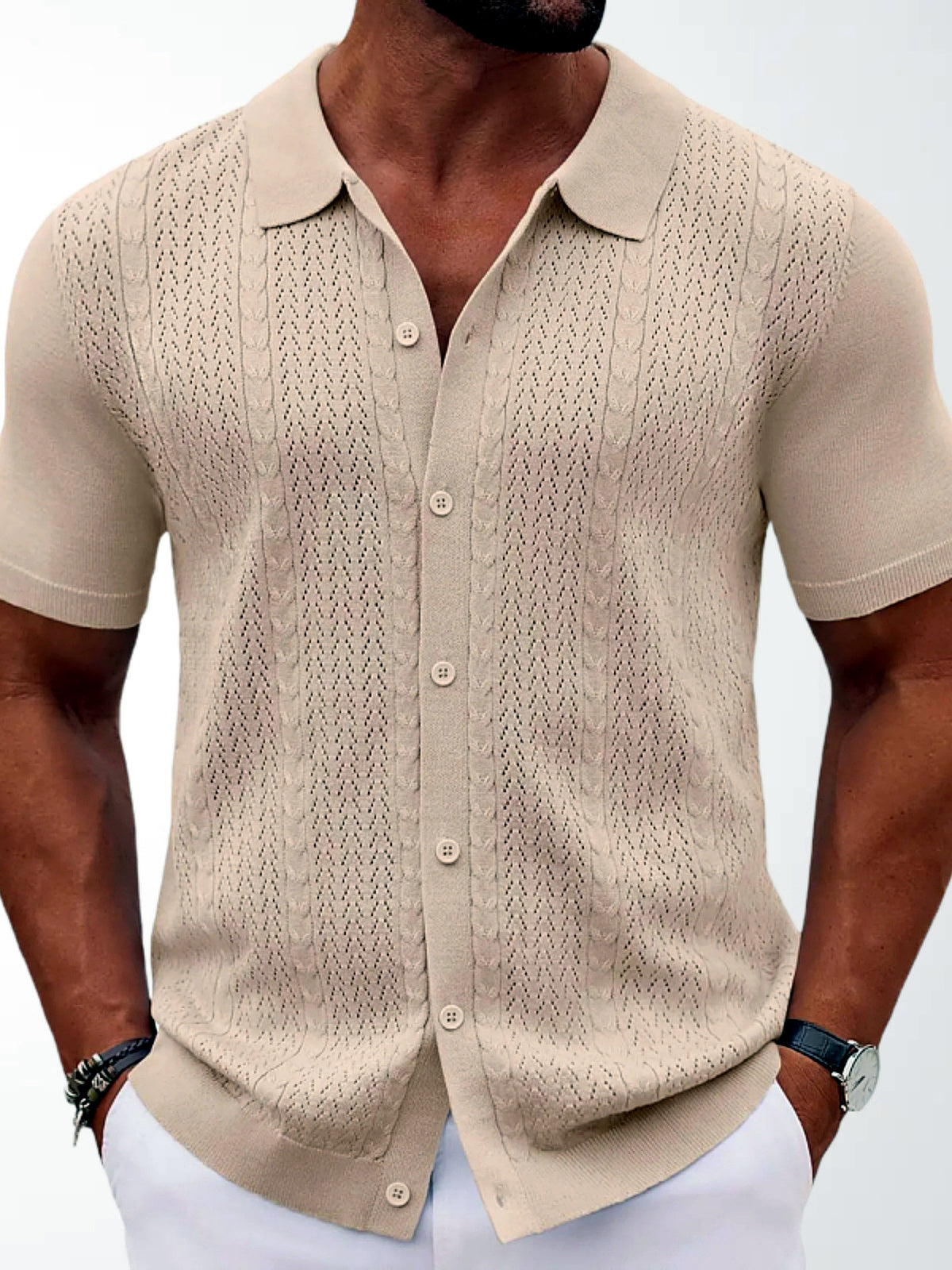 Men's Jacquard Knit Short Sleeve Polo Shirt Business Casual Summer Top in Apricot - product view