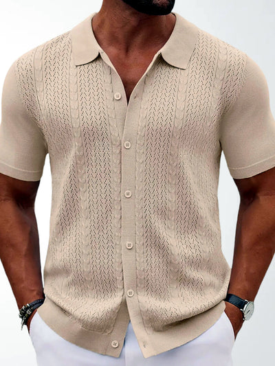 Men's Jacquard Knit Short Sleeve Polo Shirt Business Casual Summer Top in Apricot - product view