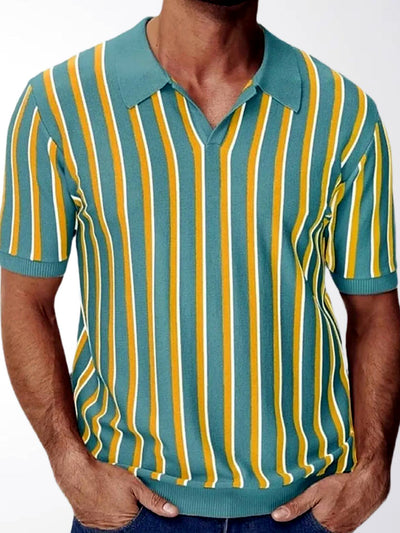 Men's Striped Jacquard Knit Short Sleeve Polo Shirt Business Casual Summer Top in Blue - product view