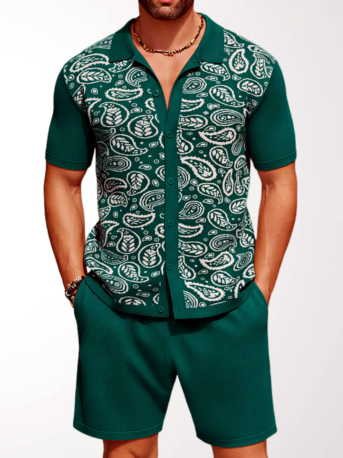 Men's Lyocell Cotton Casual Bermuda Shorts Elastic Waist Summer Shorts in Green - product view