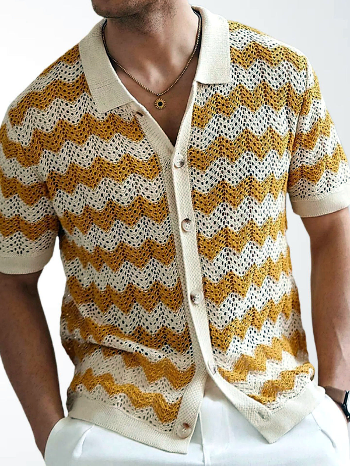Men's Jacquard Knit Short Sleeve Polo Shirt Business Casual Summer Top in Yellow - product view