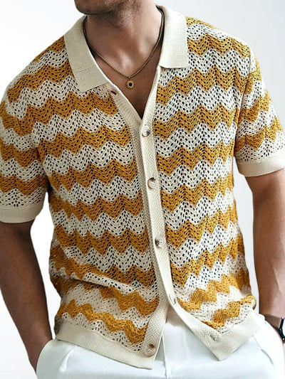 Men's Jacquard Knit Short Sleeve Polo Shirt Business Casual Summer Top in Yellow - product view