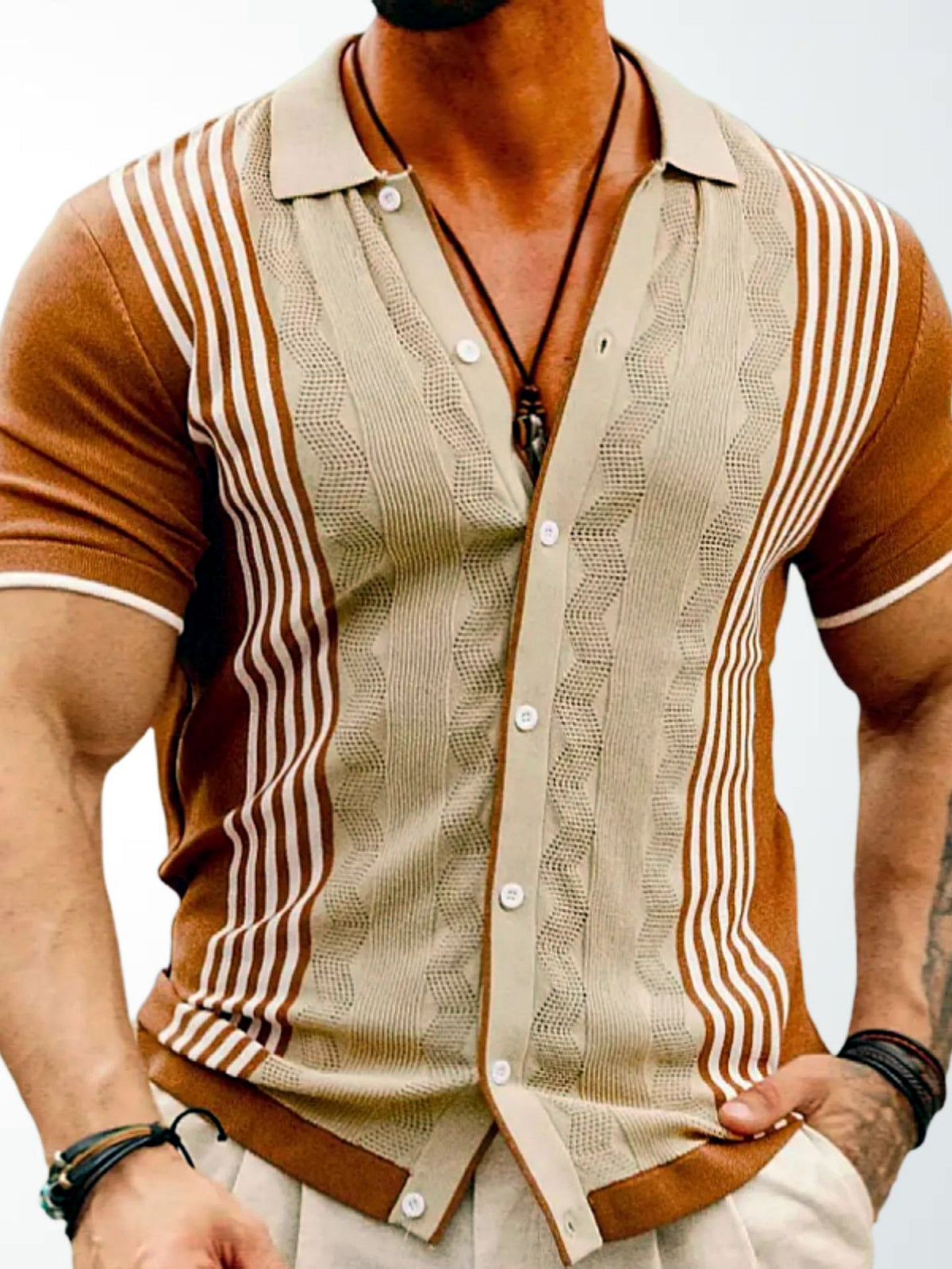 Men's Striped Jacquard Knit Short Sleeve Polo Shirt Business Casual Summer Top in Khaki - product view