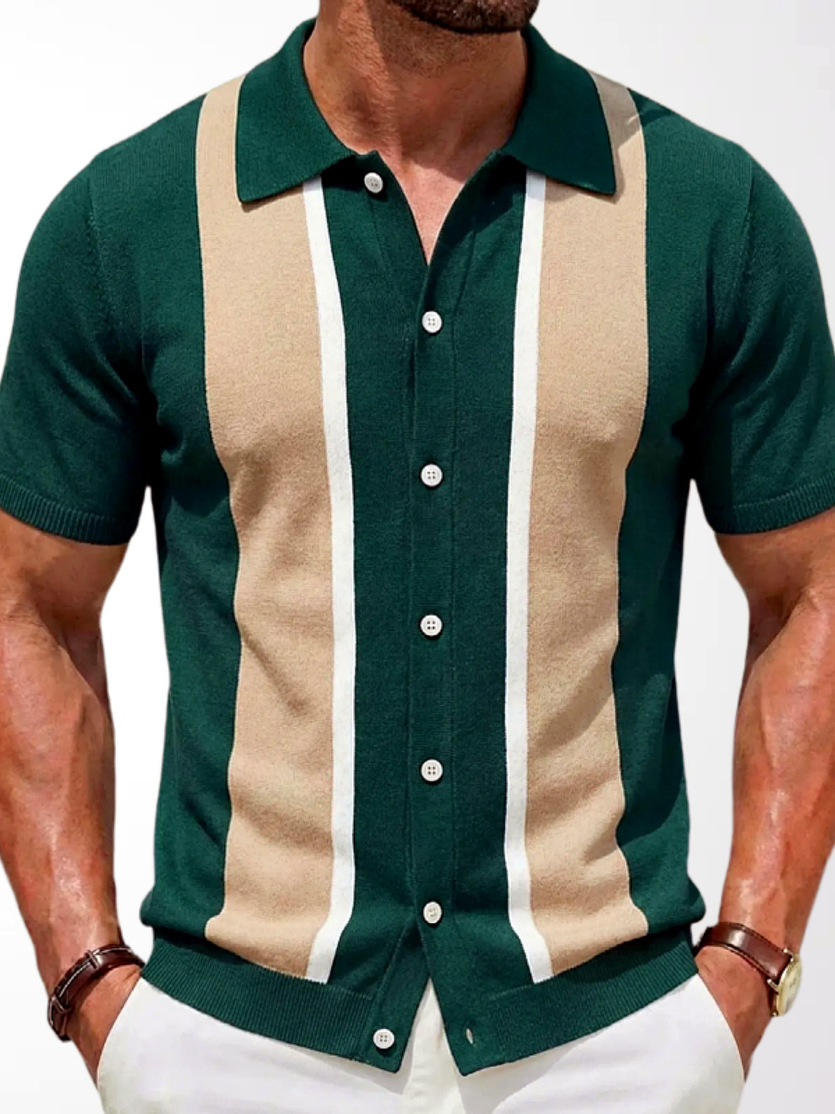 Men's Jacquard Knit Short Sleeve Polo Shirt Business Casual Summer Top in Green - product view