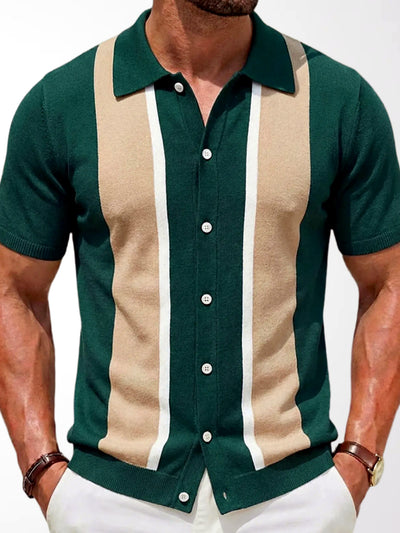 Men's Jacquard Knit Short Sleeve Polo Shirt Business Casual Summer Top in Green - product view
