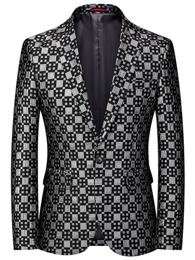 Men's Jacquard Blazer Suit Jacket One Button Party Banquet Formal Outfit in Black - product view