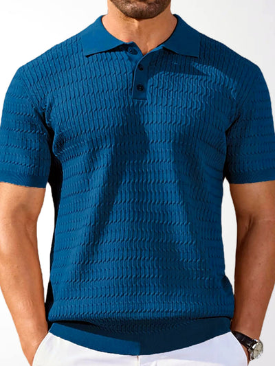 Men's Jacquard Knit Short Sleeve Polo Shirt Business Casual Summer Top in Blue - product view