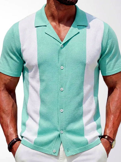 Men's Striped Jacquard Knit Short Sleeve Polo Shirt Business Casual Summer Top in Green - product view