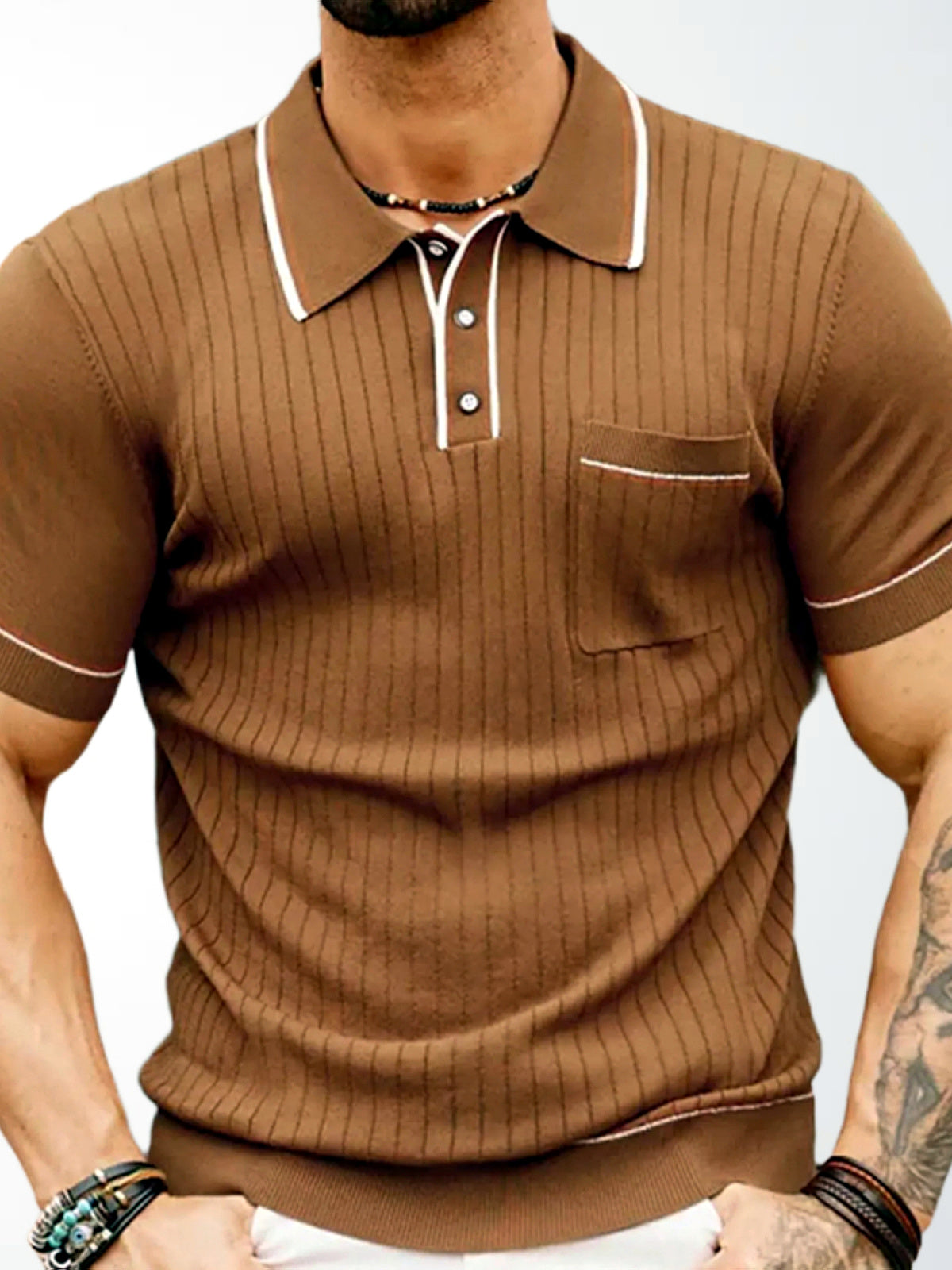 Men's Jacquard Knit Short Sleeve Polo Shirt Business Casual Summer Top in Brown - product view