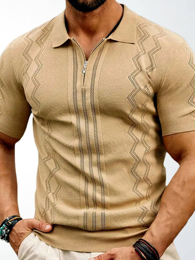 Men's Jacquard Knit Short Sleeve Polo Shirt Business Casual Summer Top in Khaki - product view