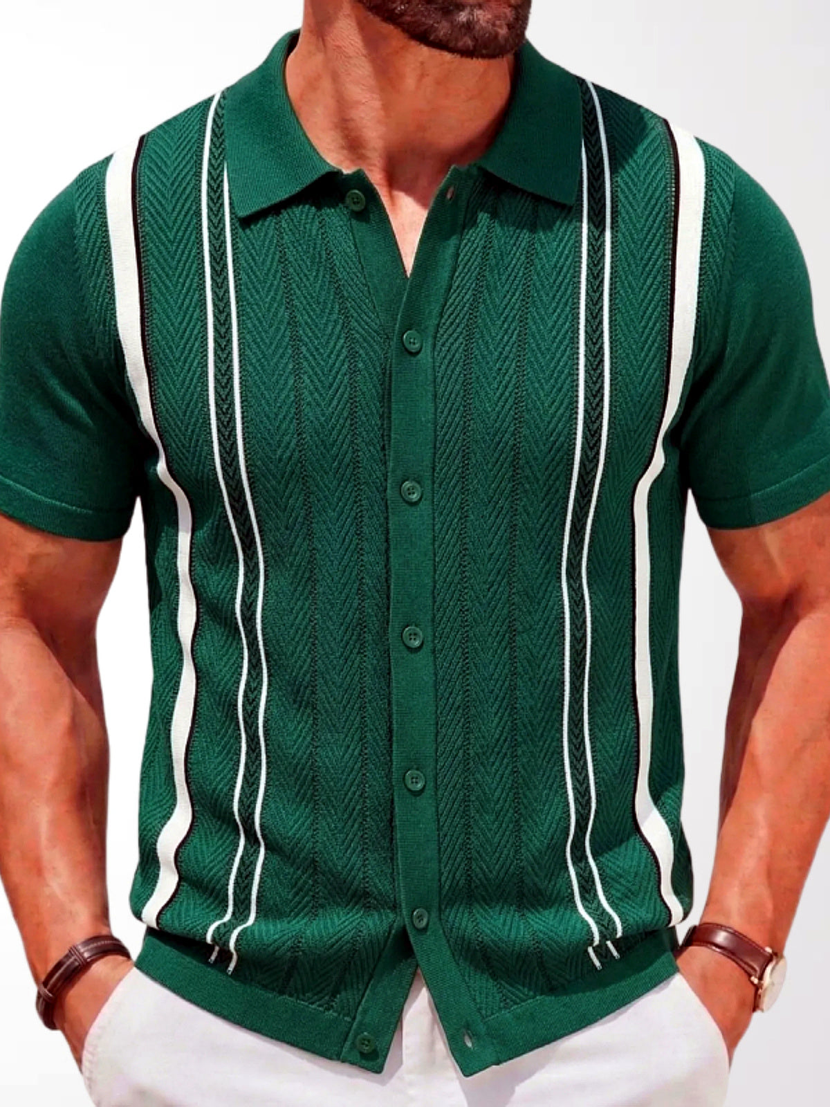 Men's Striped Jacquard Knit Short Sleeve Polo Shirt Business Casual Summer Top in Green - product view