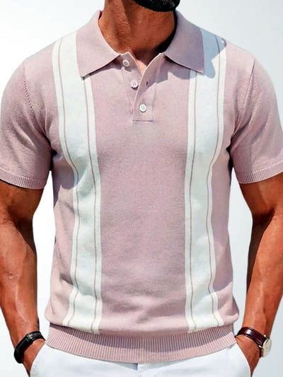 Men's Striped Jacquard Knit Short Sleeve Polo Shirt Business Casual Summer Top in Pink - product view