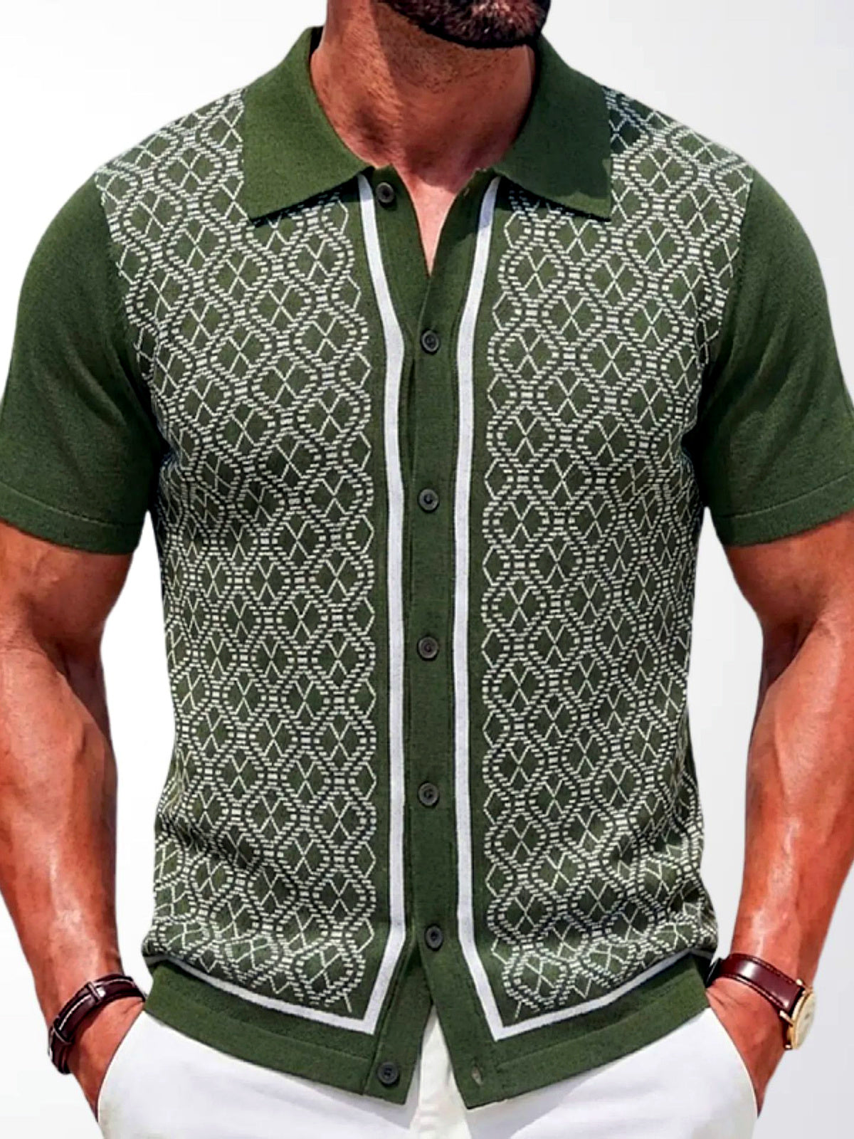Men's Jacquard Knit Short Sleeve Polo Shirt Business Casual Summer Top in Army Green - product view
