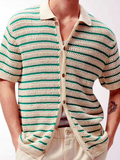 Men's Striped Jacquard Knit Short Sleeve Polo Shirt Business Casual Summer Top in Green - product view