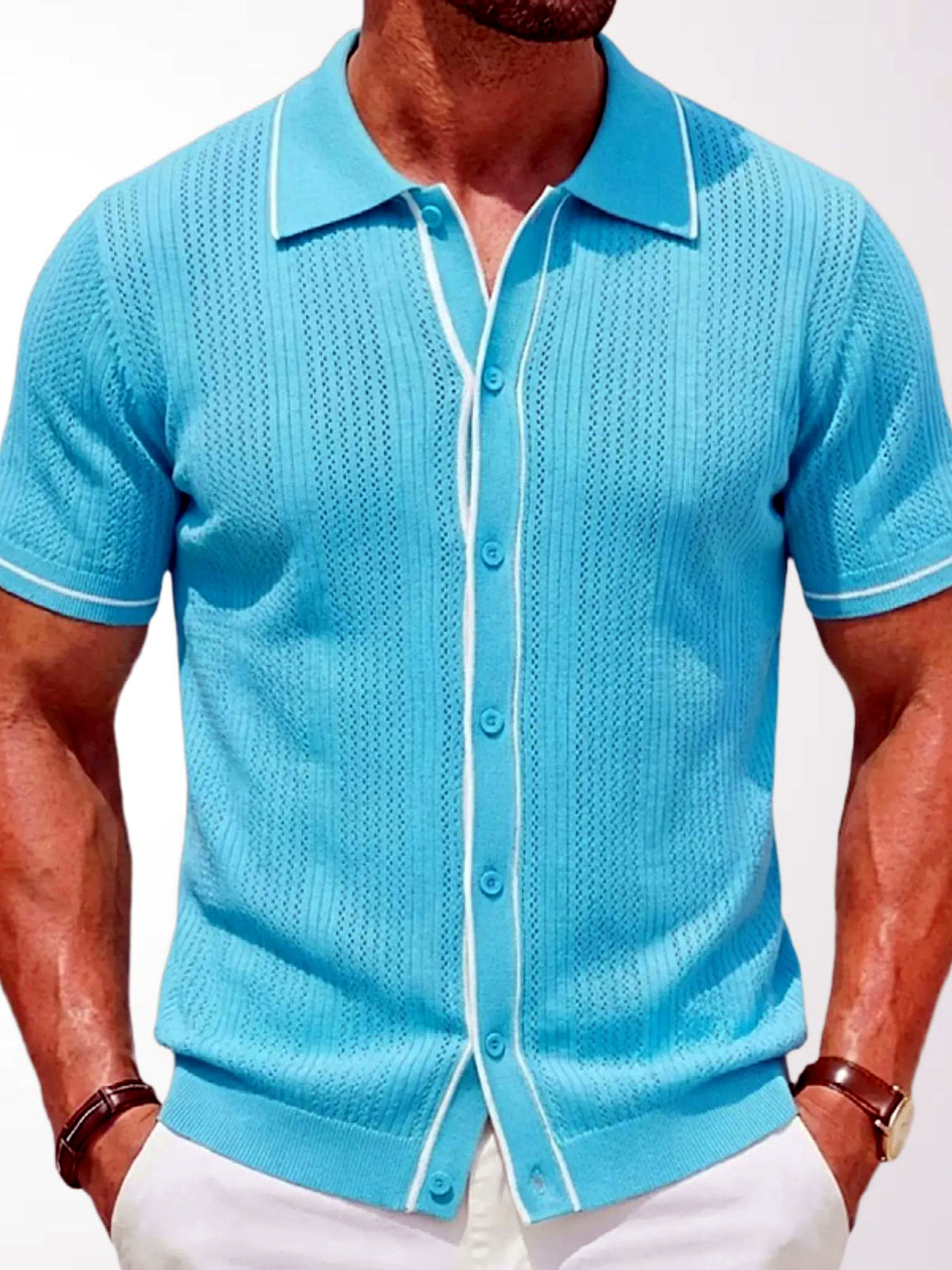 Men's Jacquard Knit Short Sleeve Polo Shirt Business Casual Summer Top in Blue - product view